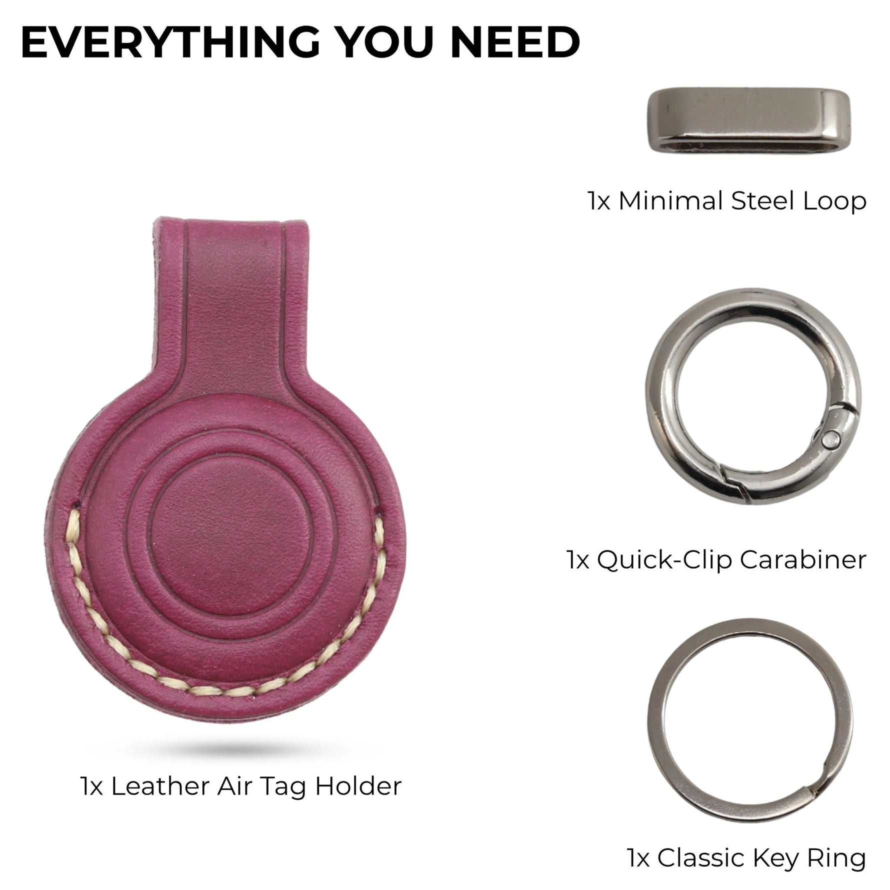 Purple leather AirTag holder with minimal steel loop, quick-clip carabiner, and key ring on a white background. 