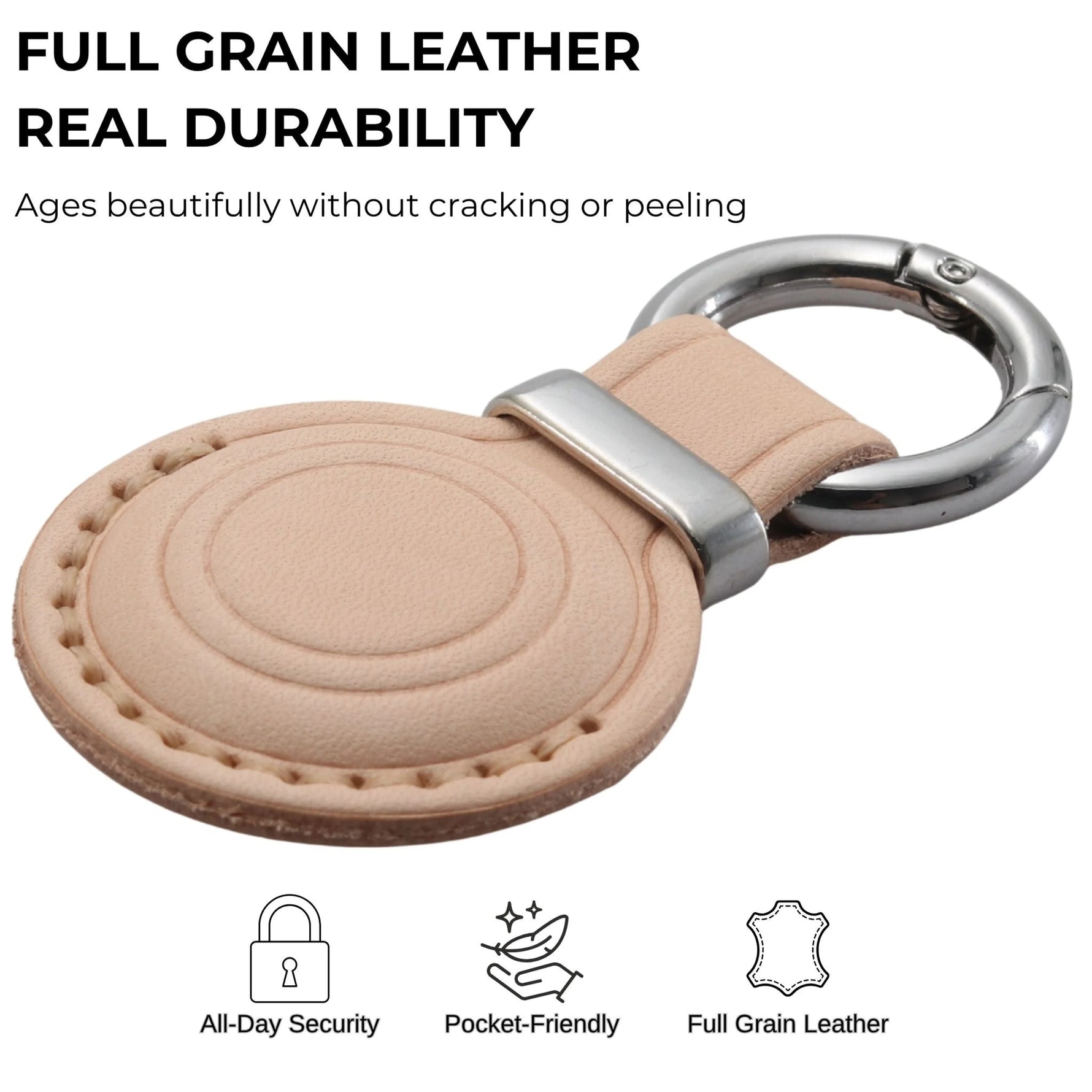 Beige leather keychain with silver ring on a white background, featuring text about full grain leather durability. 