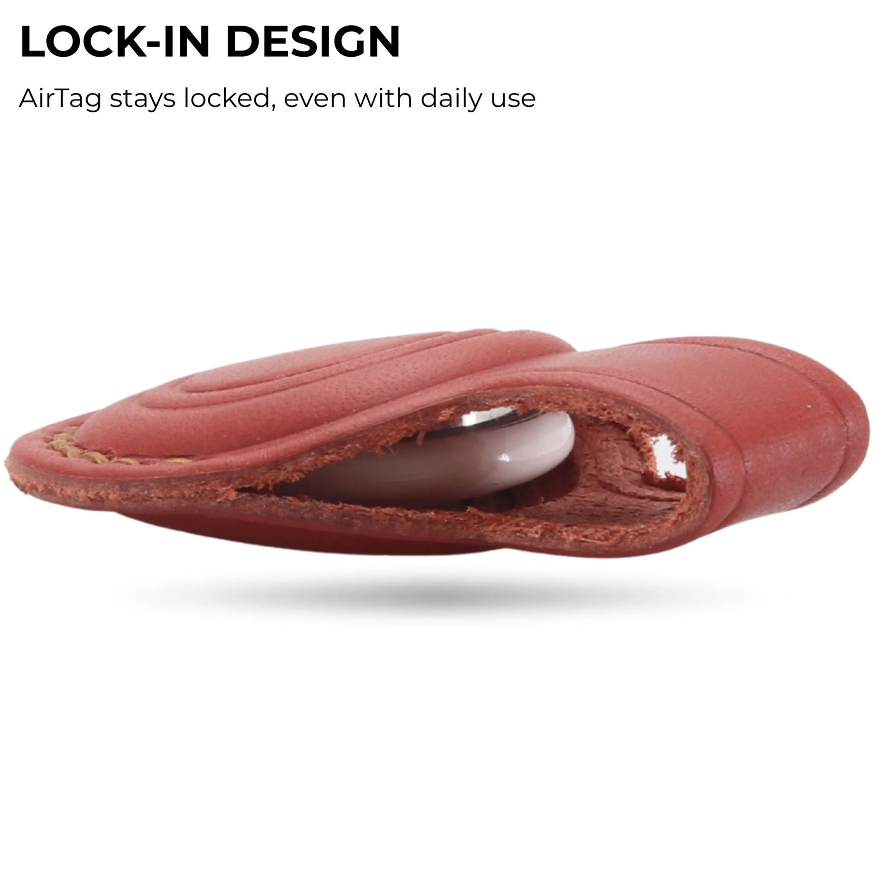 Red leather case with AirTag inside, on a white background 