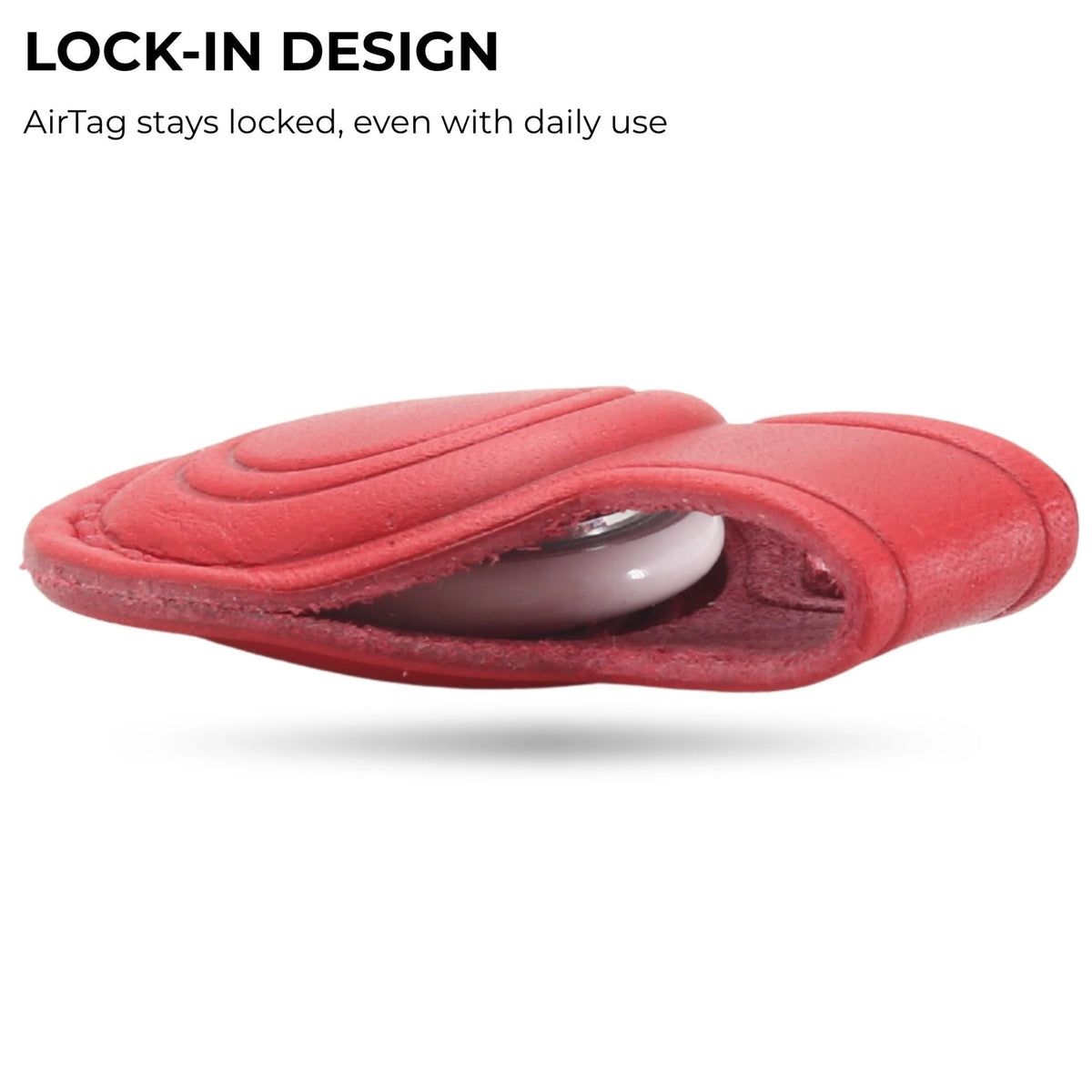 Red slipper with a white object inside, labeled 'Lock-In Design' on a white background. 