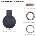 Collection of keychain components including a leather Air Tag holder, steel loop, quick-clip carabiner, and key rings on a white background. 