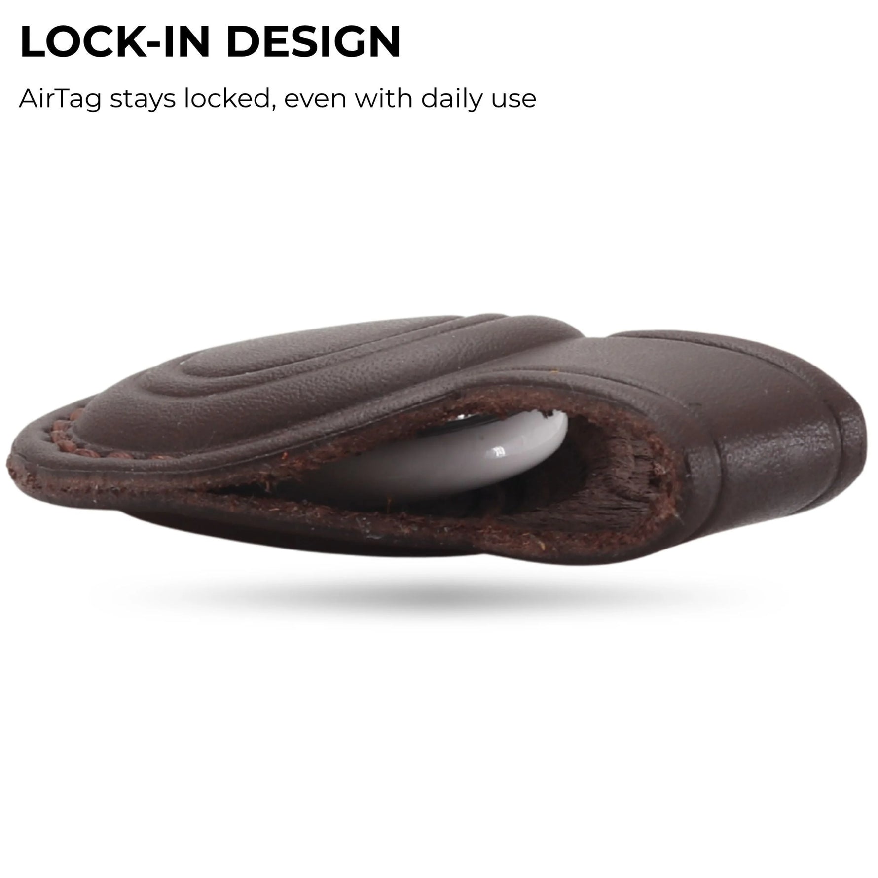 Brown leather case with AirTag inside on a white background 