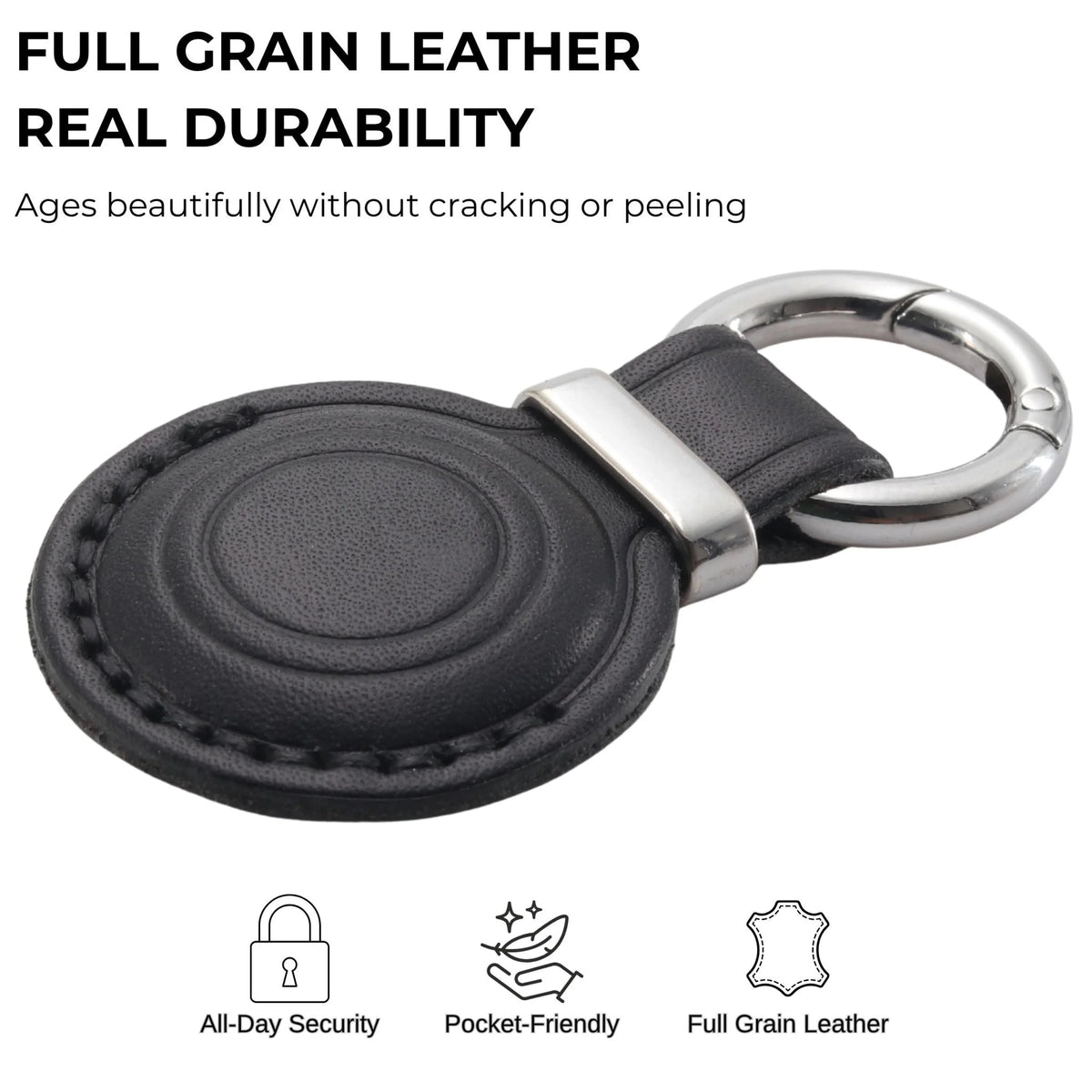 Black leather keychain with metal ring on a white background, featuring text about full grain leather durability. 