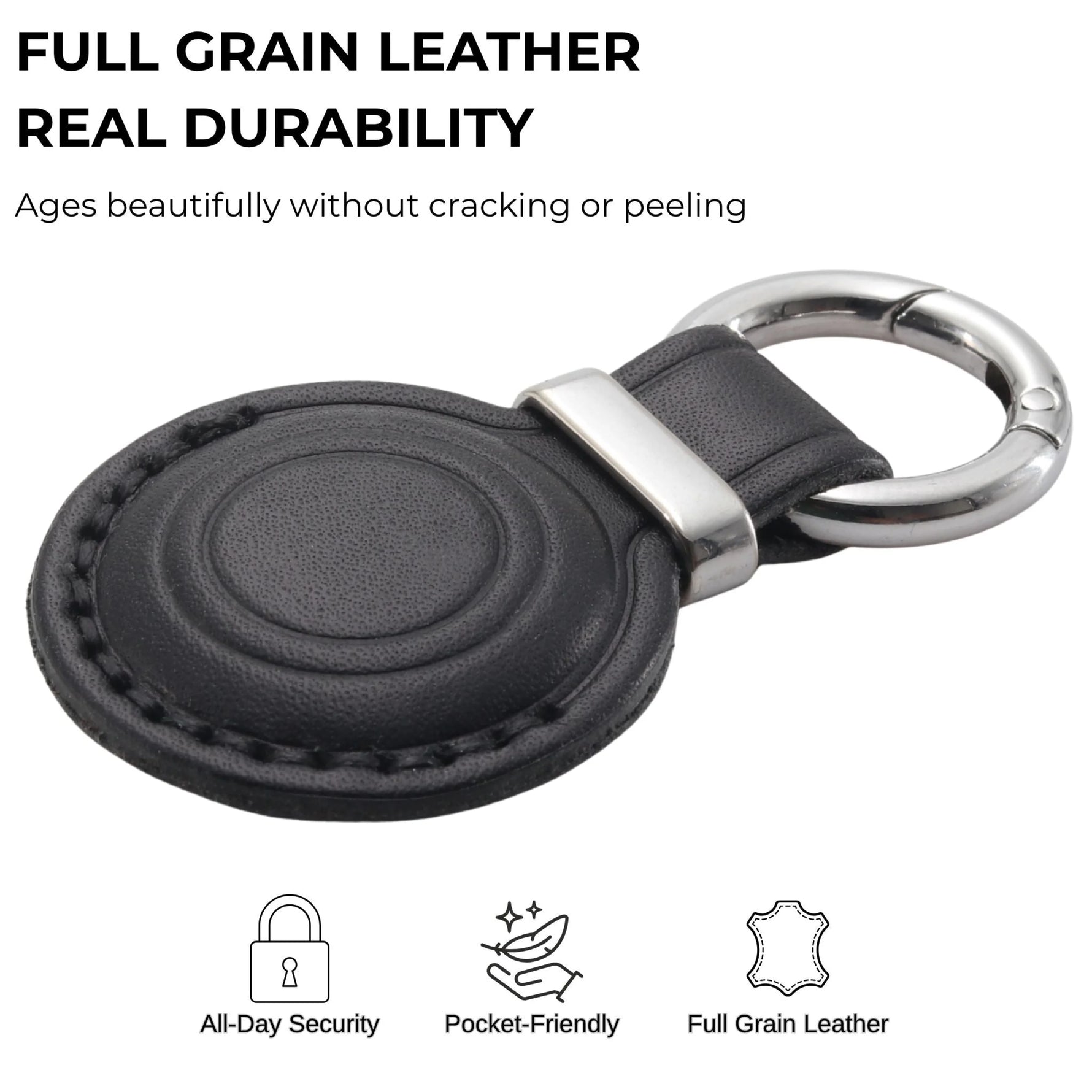 Black leather keychain with metal ring on a white background, featuring text about full grain leather durability. 