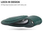 Green leather case with AirTag inside, on a white background 