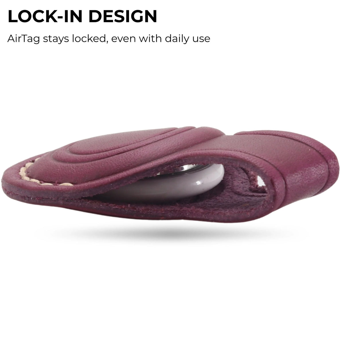 Purple leather case with a white object inside, labeled 'LOCK-IN DESIGN' on a white background. 