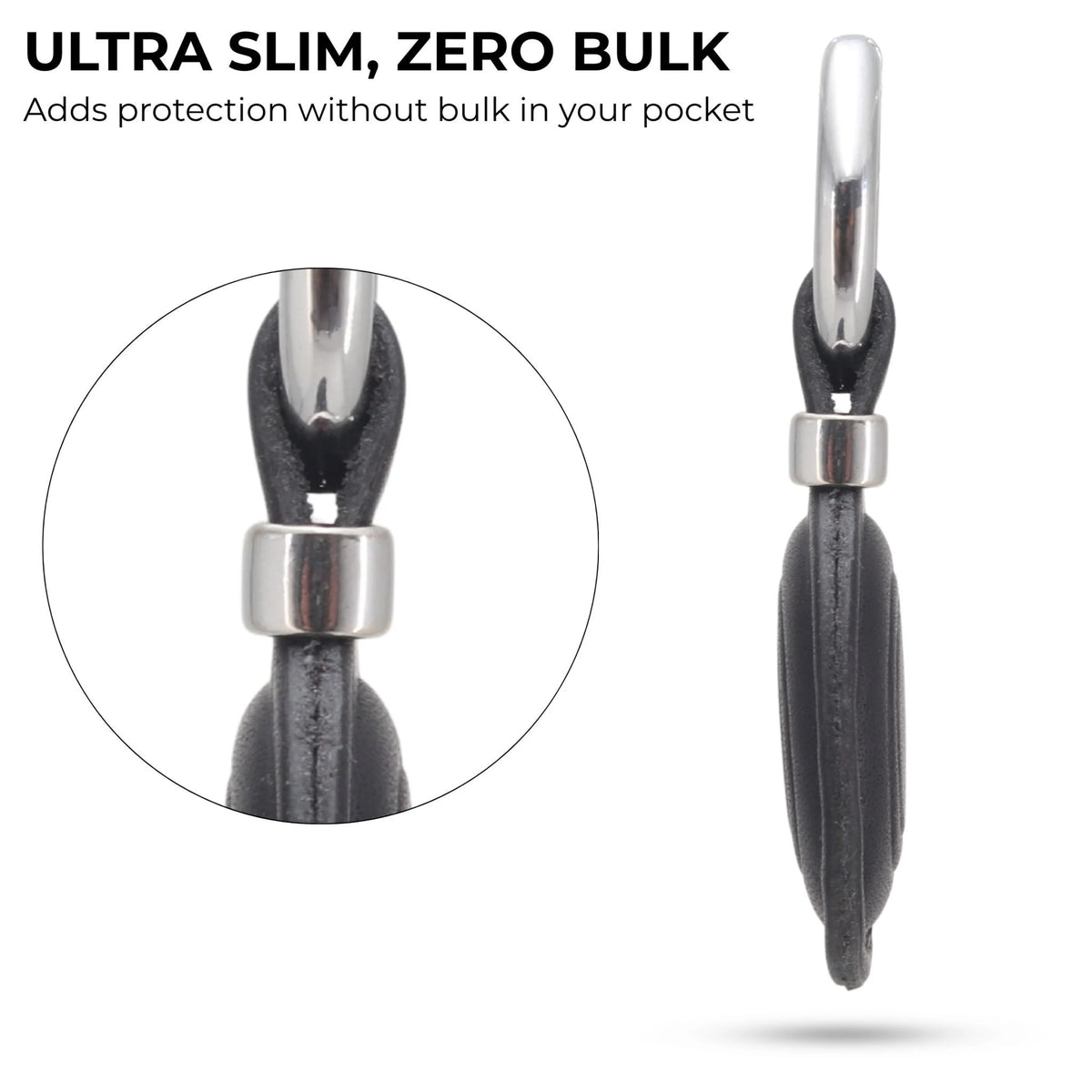 Ultra slim keychain with metal ring and black cord on a white background 