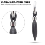 Ultra slim keychain with metal ring and black cord on a white background 