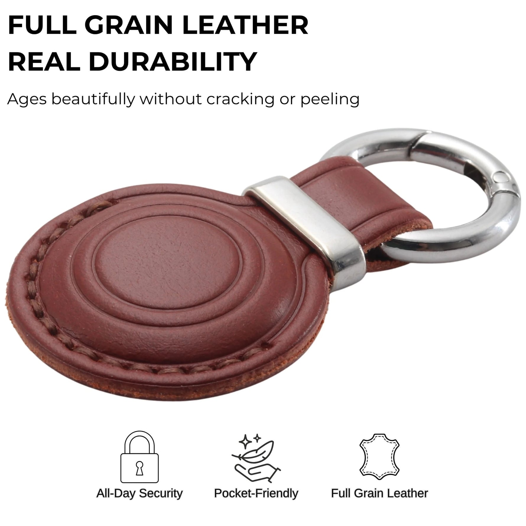Brown leather keychain with silver ring on a white background, featuring text about full grain leather durability. 