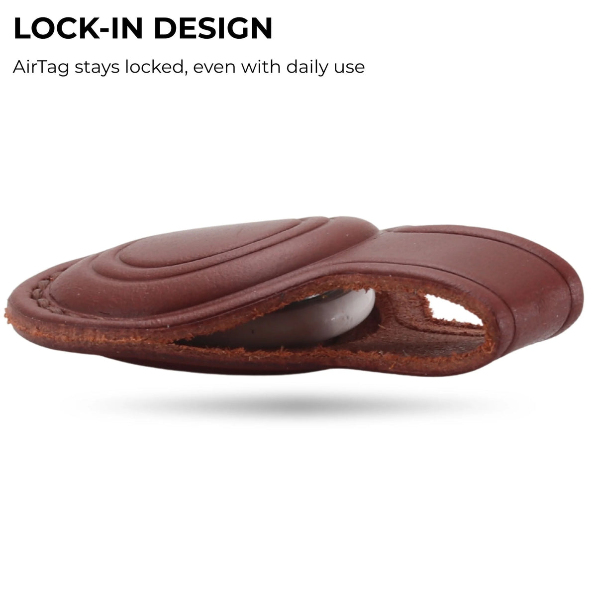 Brown leather case with AirTag holder on a white background 