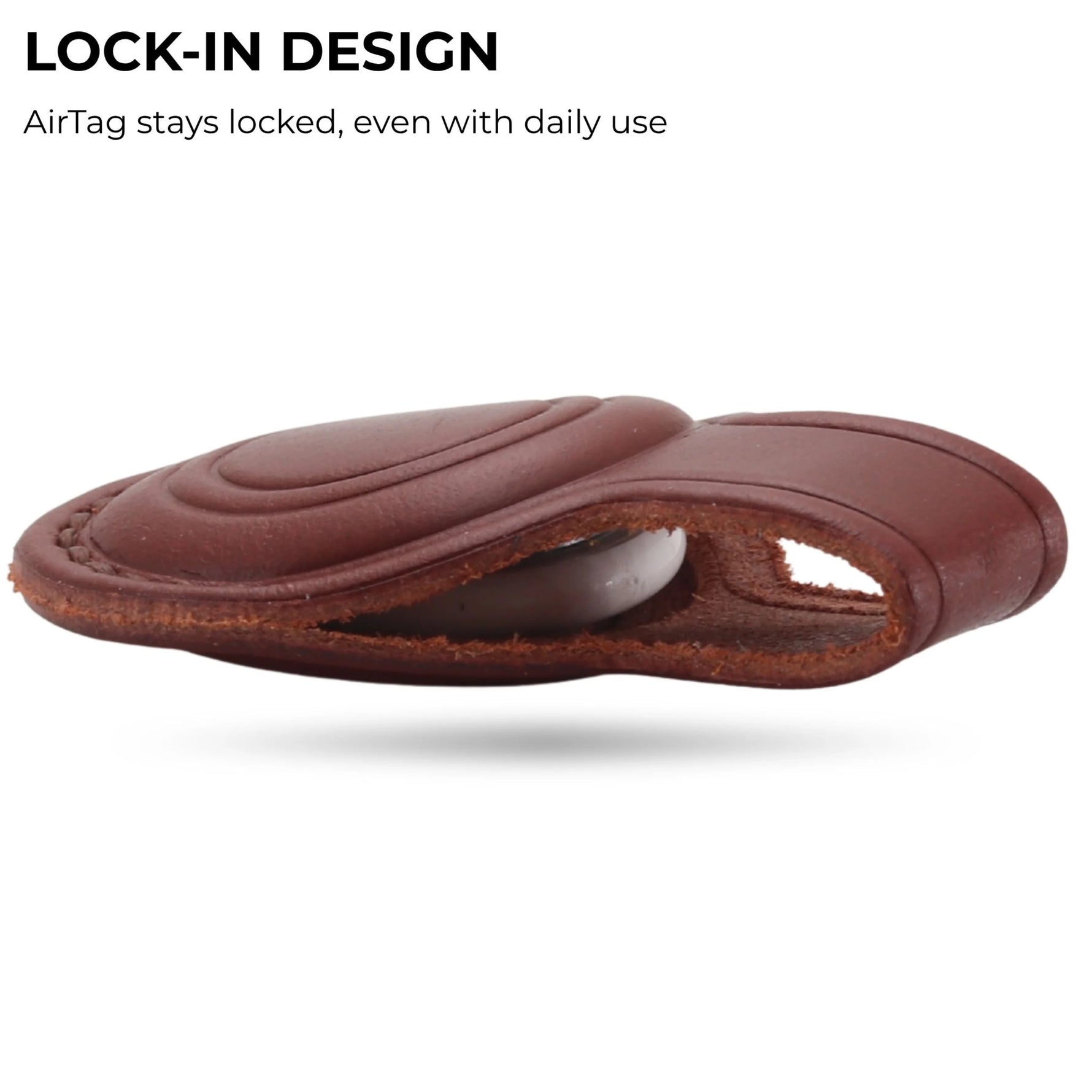 Brown leather case with AirTag holder on a white background 