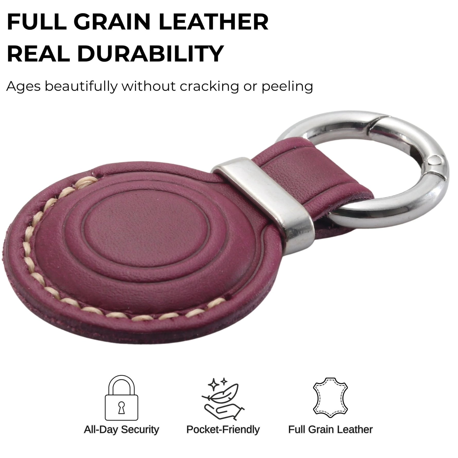 Purple leather keychain with silver ring on a white background, featuring text about full grain leather durability. 