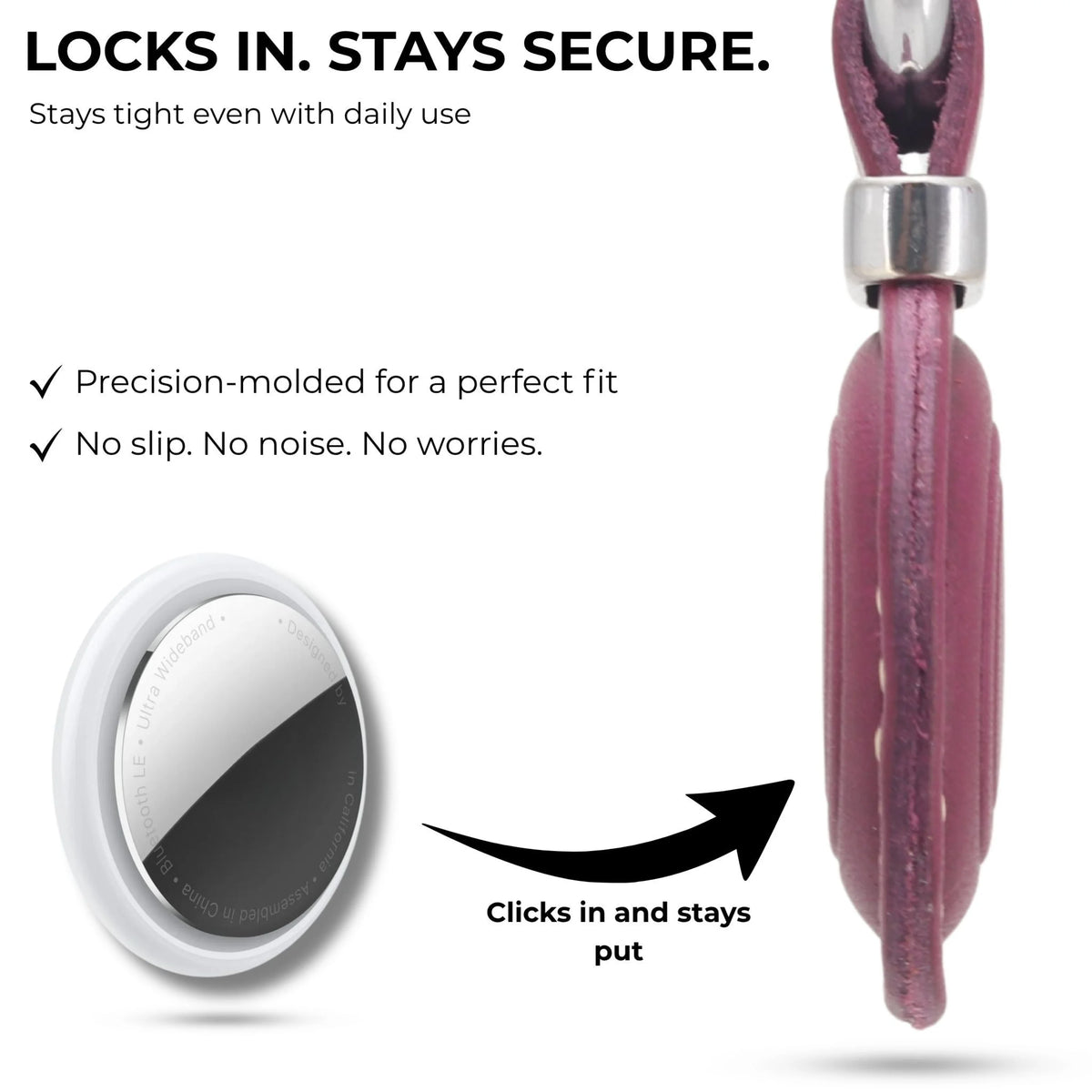 Pink device with metallic component on a white background, featuring text about security and fit. 