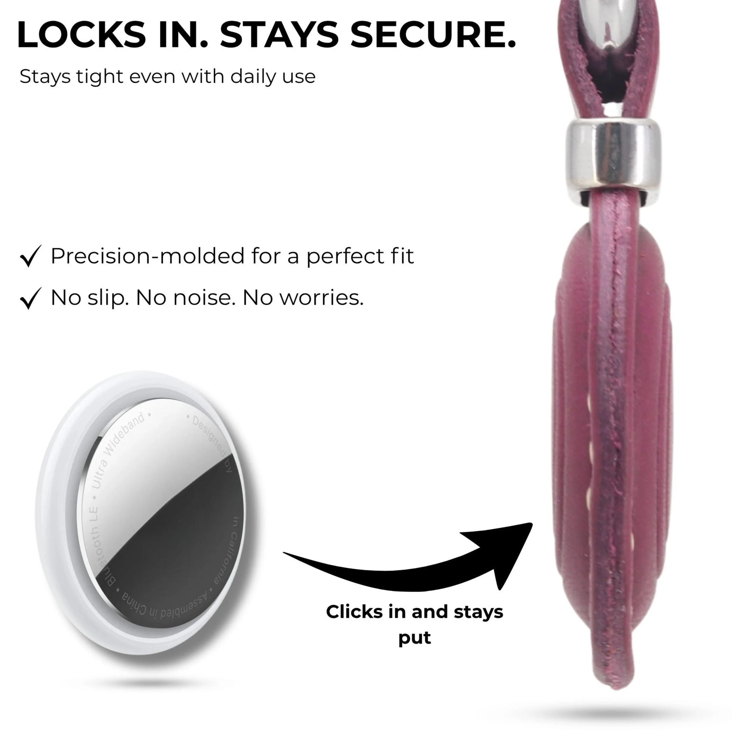 Pink device with metallic component on a white background, featuring text about security and fit.