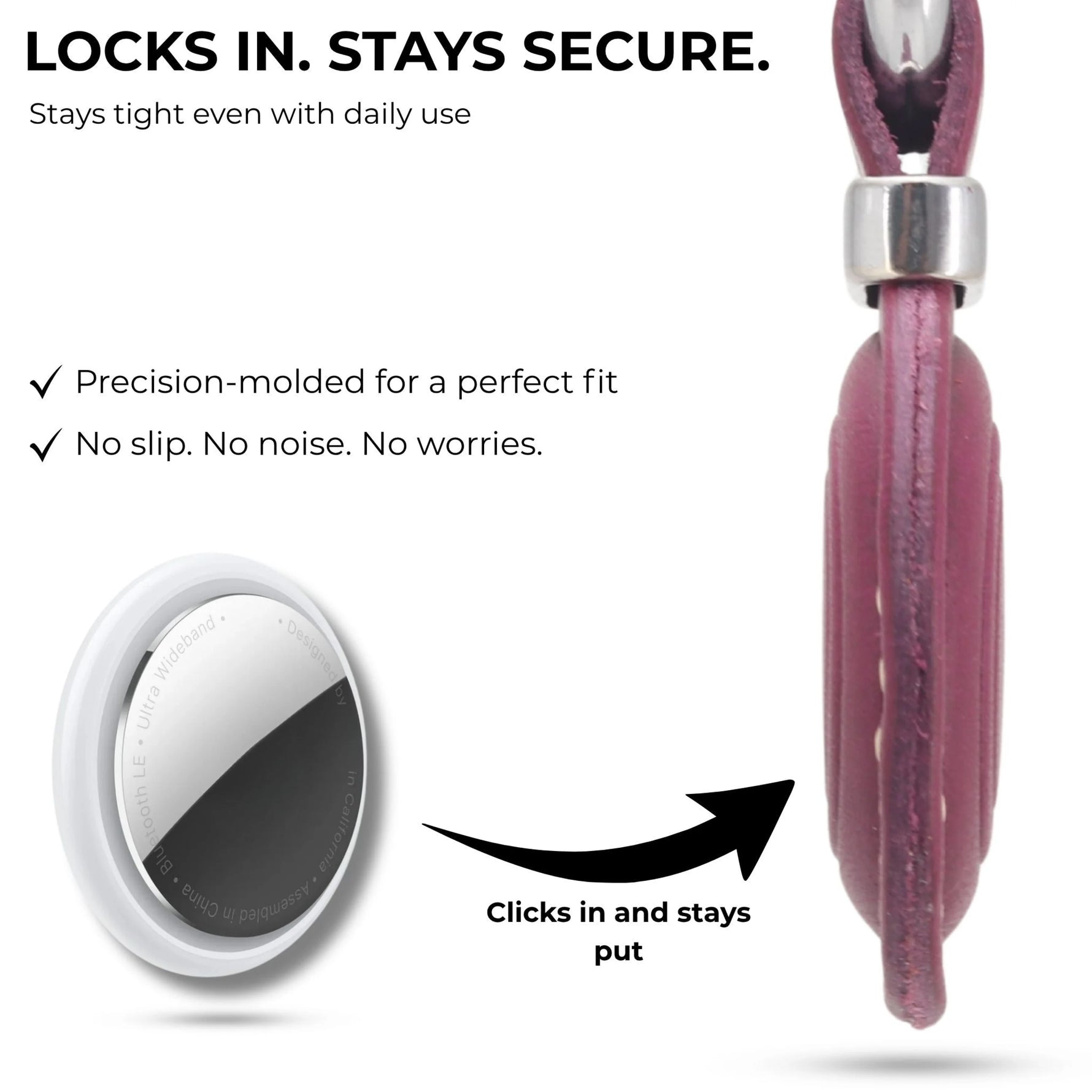 Pink device with metallic component on a white background, featuring text about security and fit. 