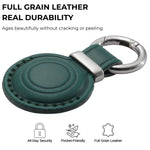 Green leather keychain with metal ring on a white background, highlighting durability and features. 