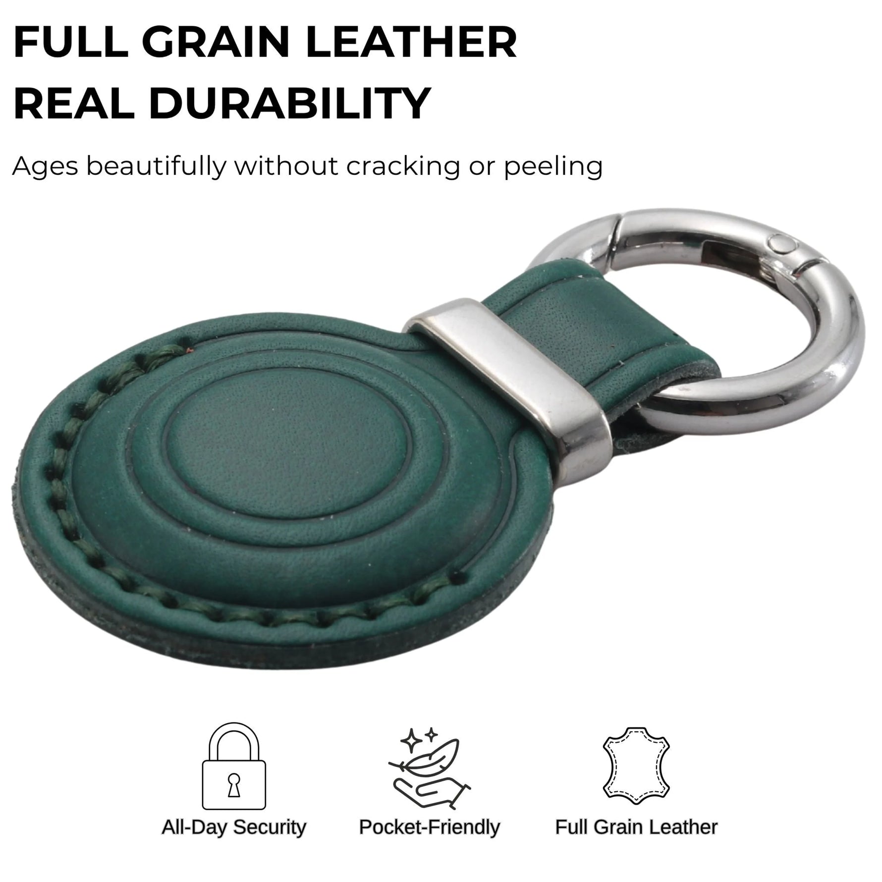 Green leather keychain with metal ring on a white background, highlighting durability and features. 