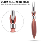 Ultra-thin metal and wood product with text 'Ultra Slim, Zero Bulk' on a white background 