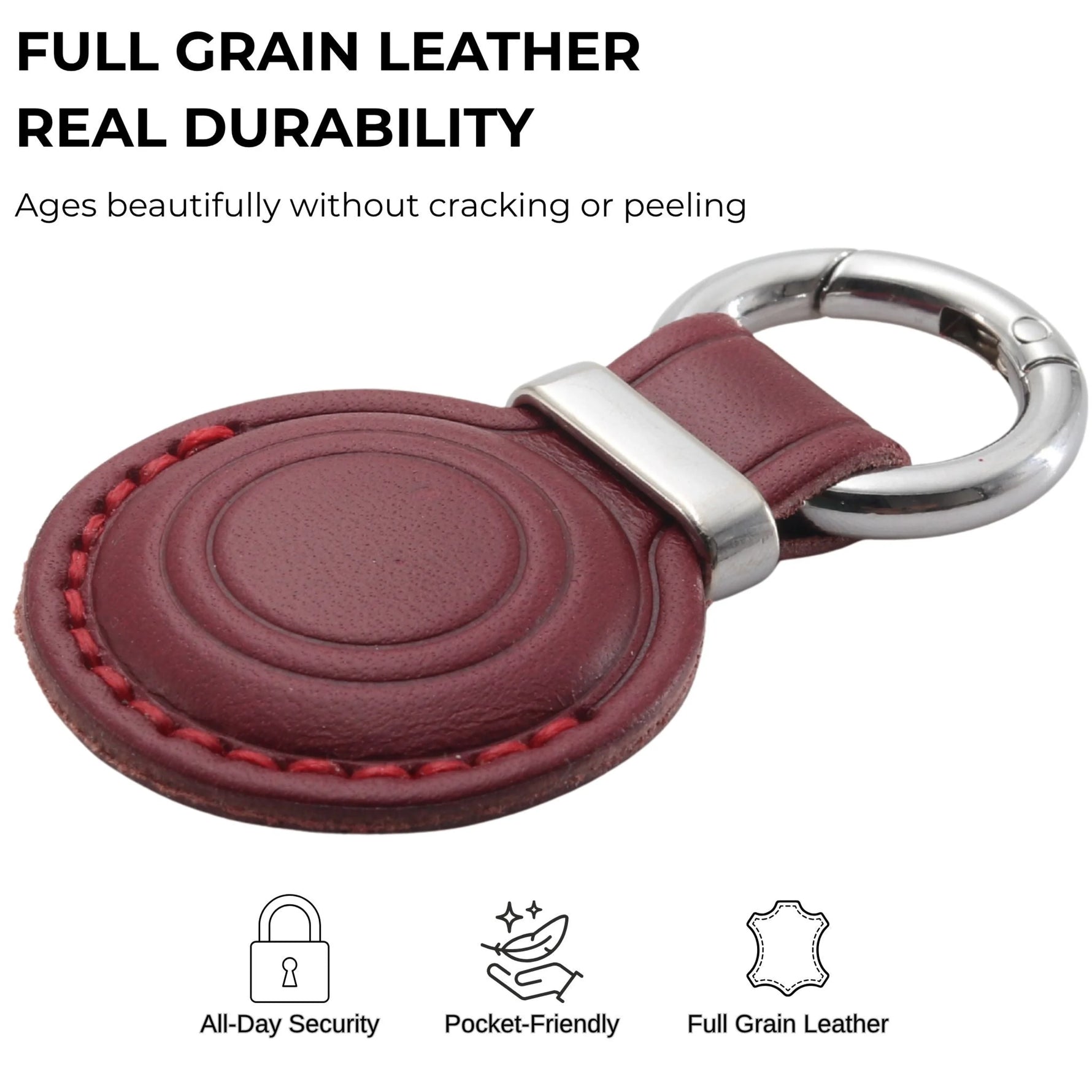 Red leather keychain with silver ring on a white background, highlighting durability and features. 