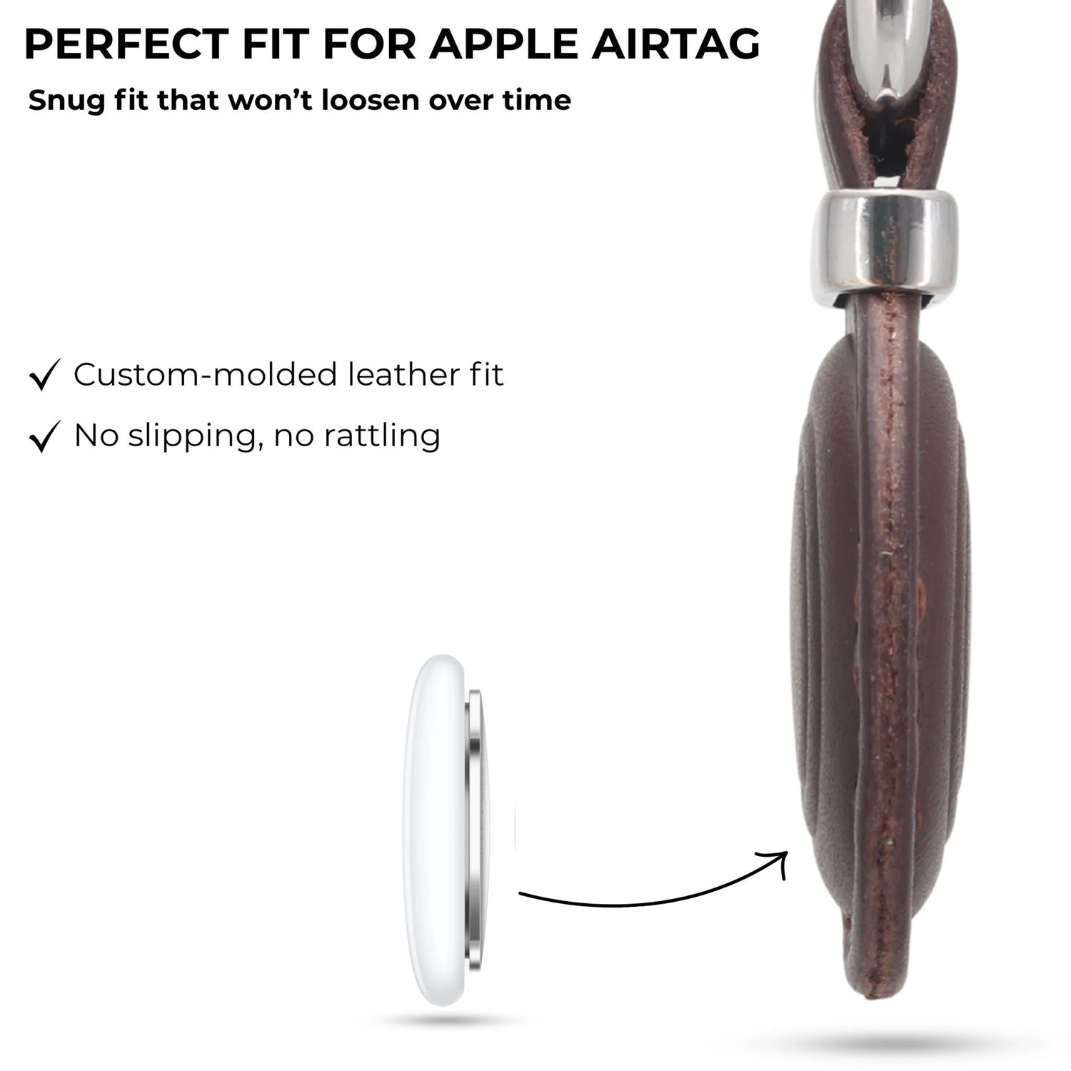 Brown leather case with metal clip for Apple Airtag, showing snug fit and no slipping.