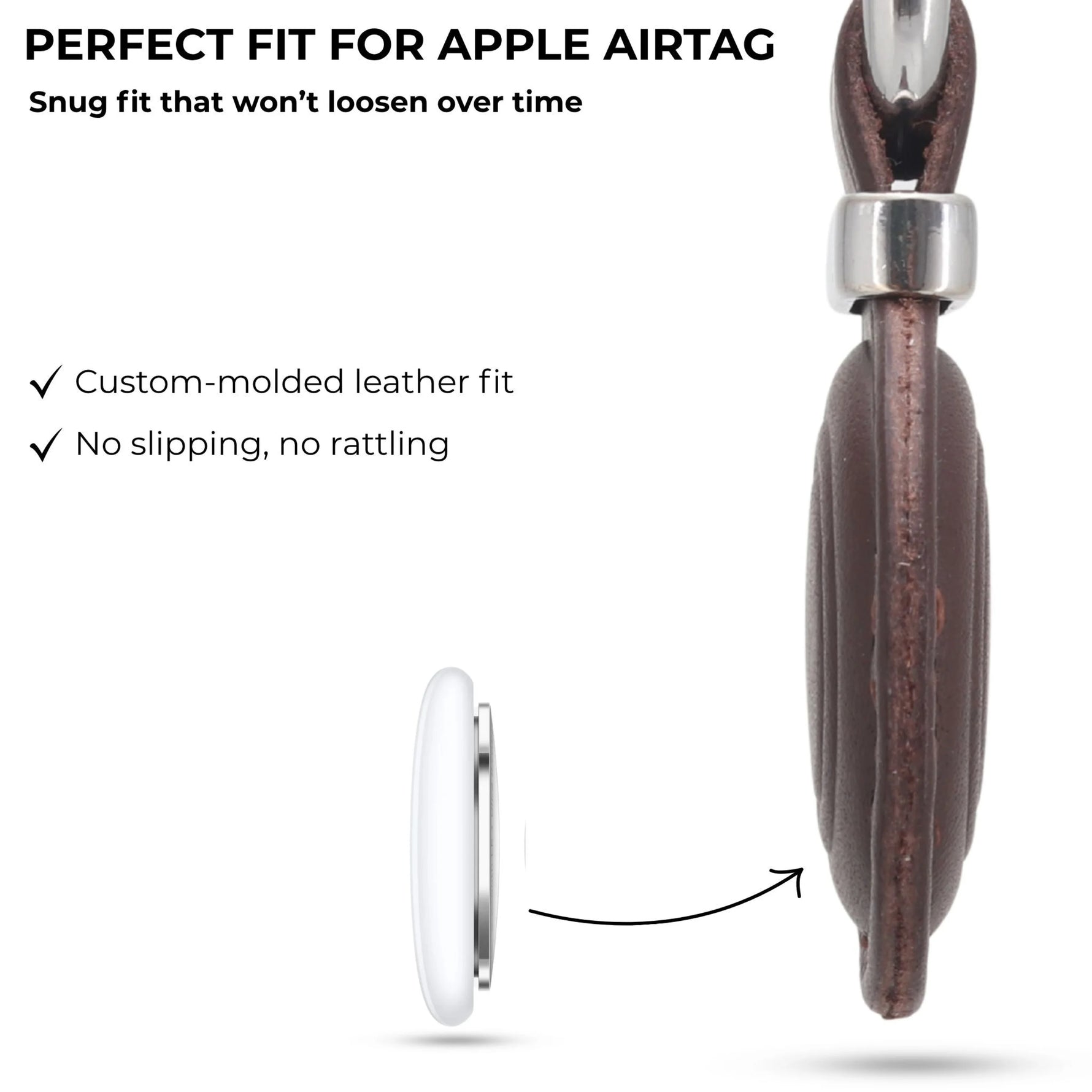Brown leather case with metal clip for Apple Airtag, showing snug fit and no slipping. 