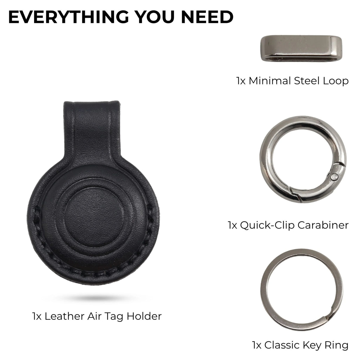 Collection of keychain components including a leather Air Tag holder, steel loop, quick-clip carabiner, and key rings on a white background. 