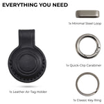 Collection of keychain components including a leather Air Tag holder, steel loop, quick-clip carabiner, and key rings on a white background. 