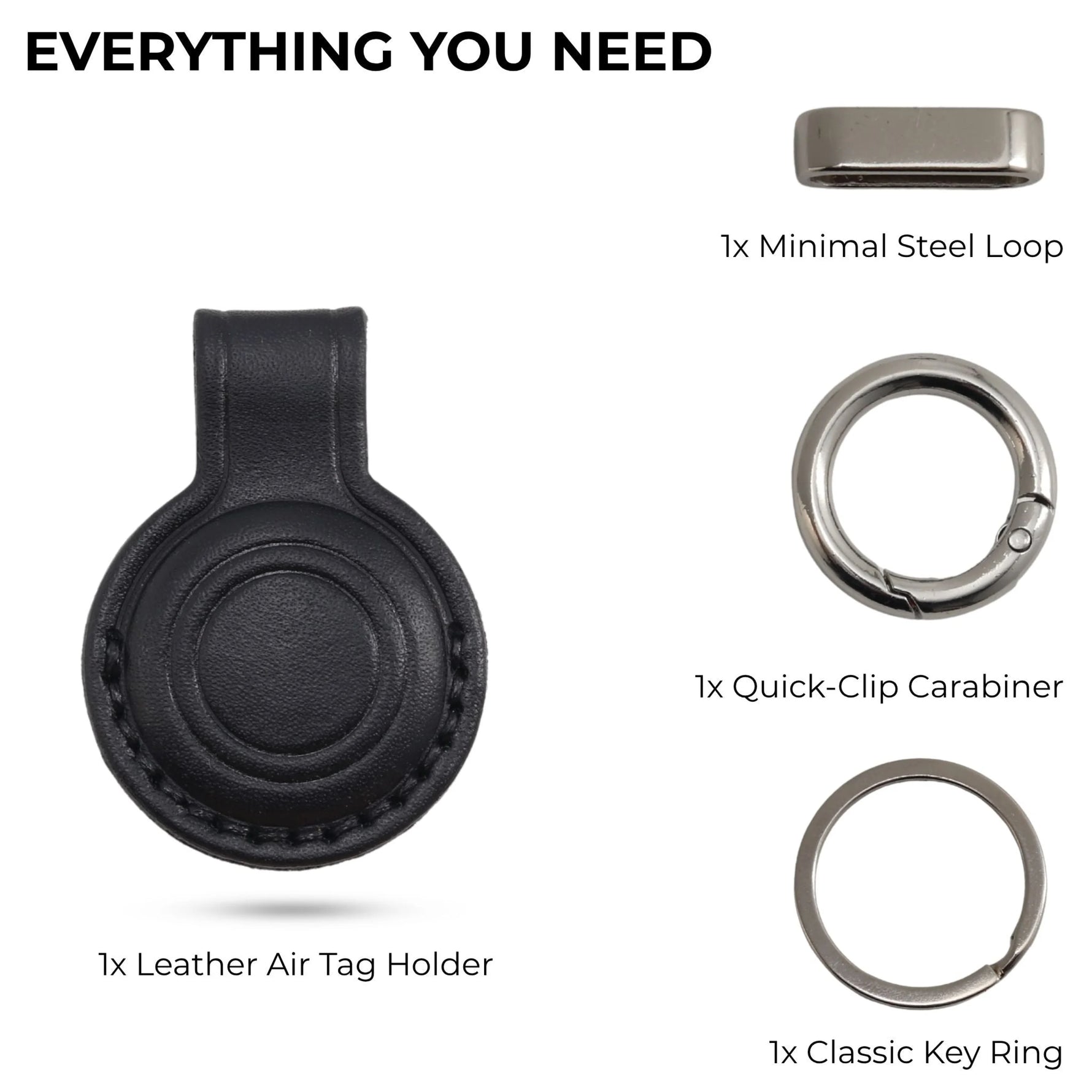 Collection of keychain components including a leather Air Tag holder, steel loop, quick-clip carabiner, and key rings on a white background. 