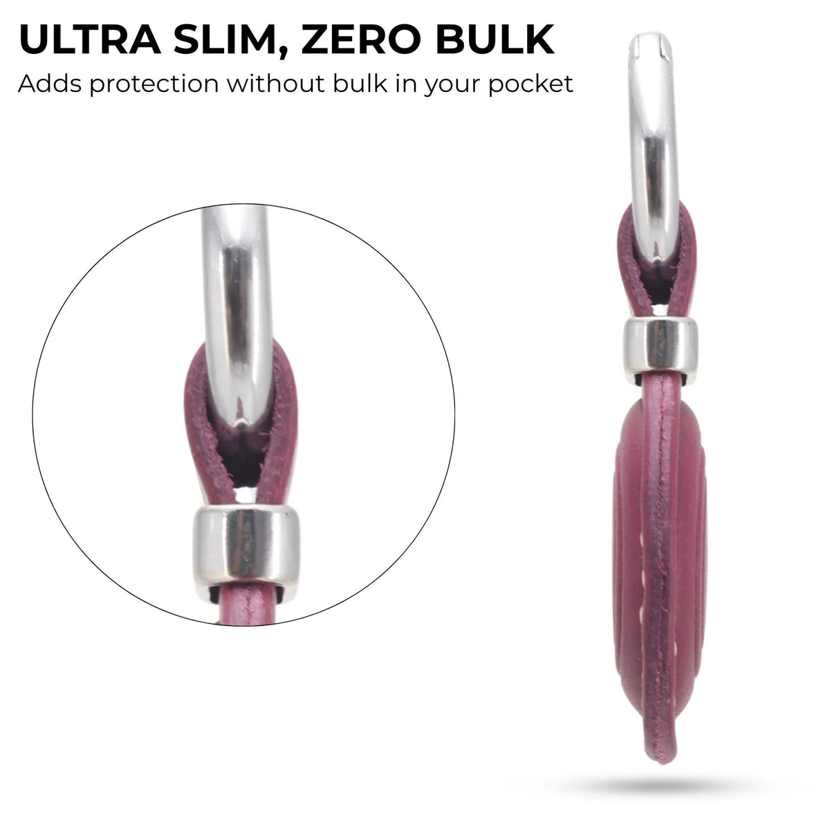 Purple earring with silver clasp on a white background, highlighting 'ultra slim, zero bulk' feature. 