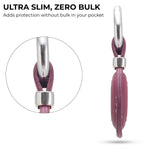 Purple earring with silver clasp on a white background, highlighting 'ultra slim, zero bulk' feature. 