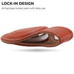 Red leather case with a white device inside, labeled 'Lock-In Design' on a white background. 