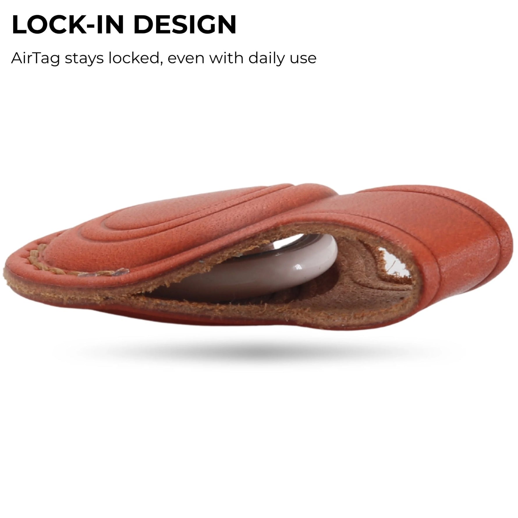 Red leather case with a white device inside, labeled 'Lock-In Design' on a white background. 