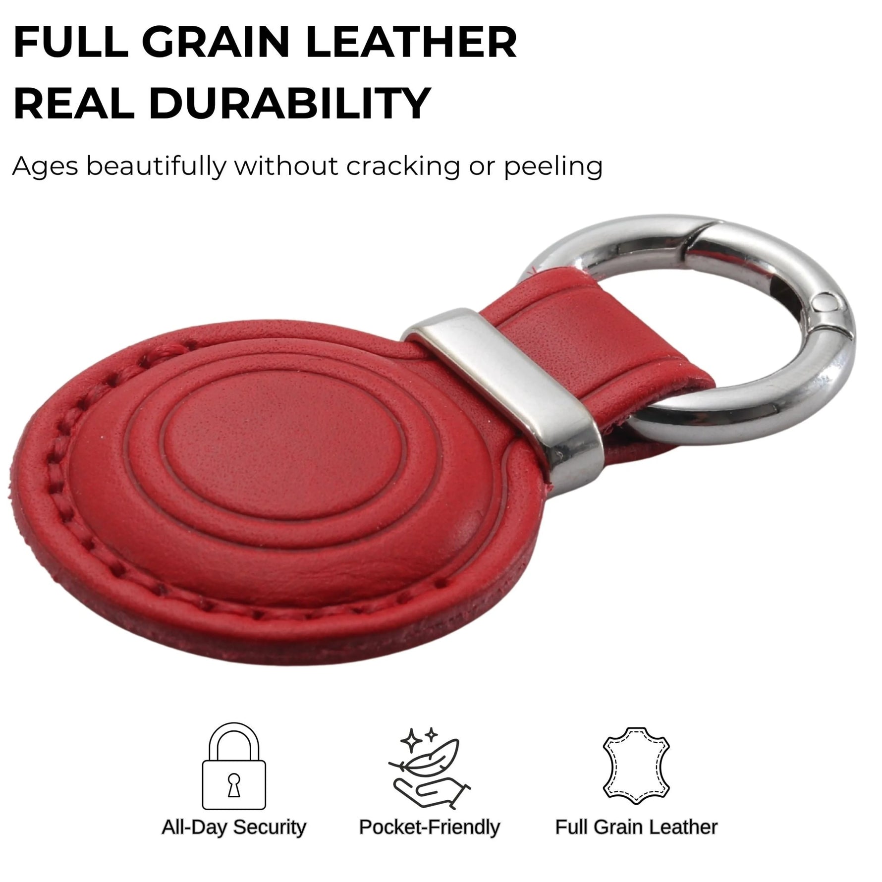 Red leather keychain with silver ring on a white background, highlighting durability and features. 