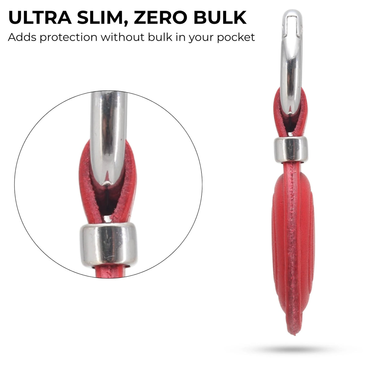 Red and silver keychain with close-up detail on a white background 
