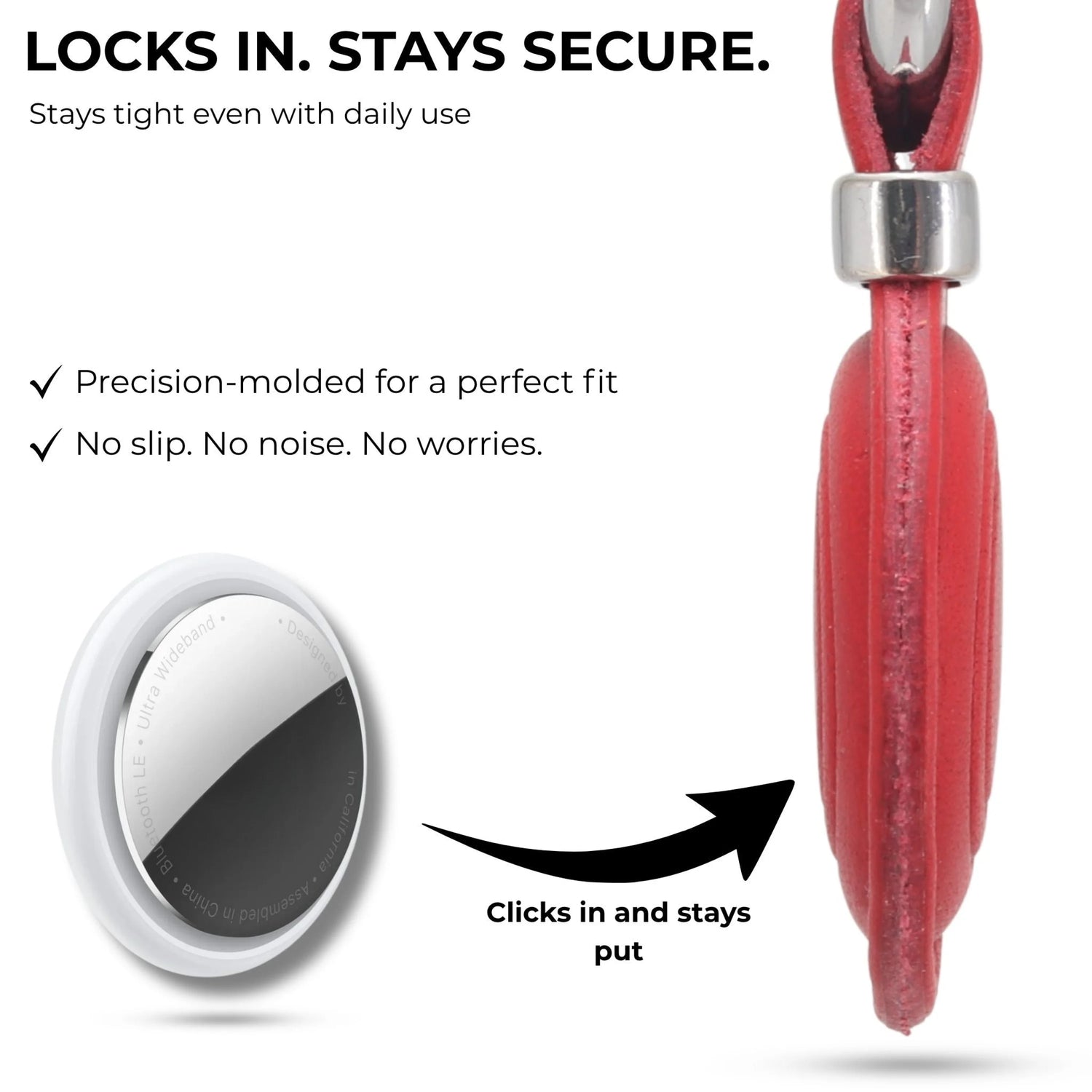 Red phone case with a white lock mechanism on a white background, featuring text about security and fit.