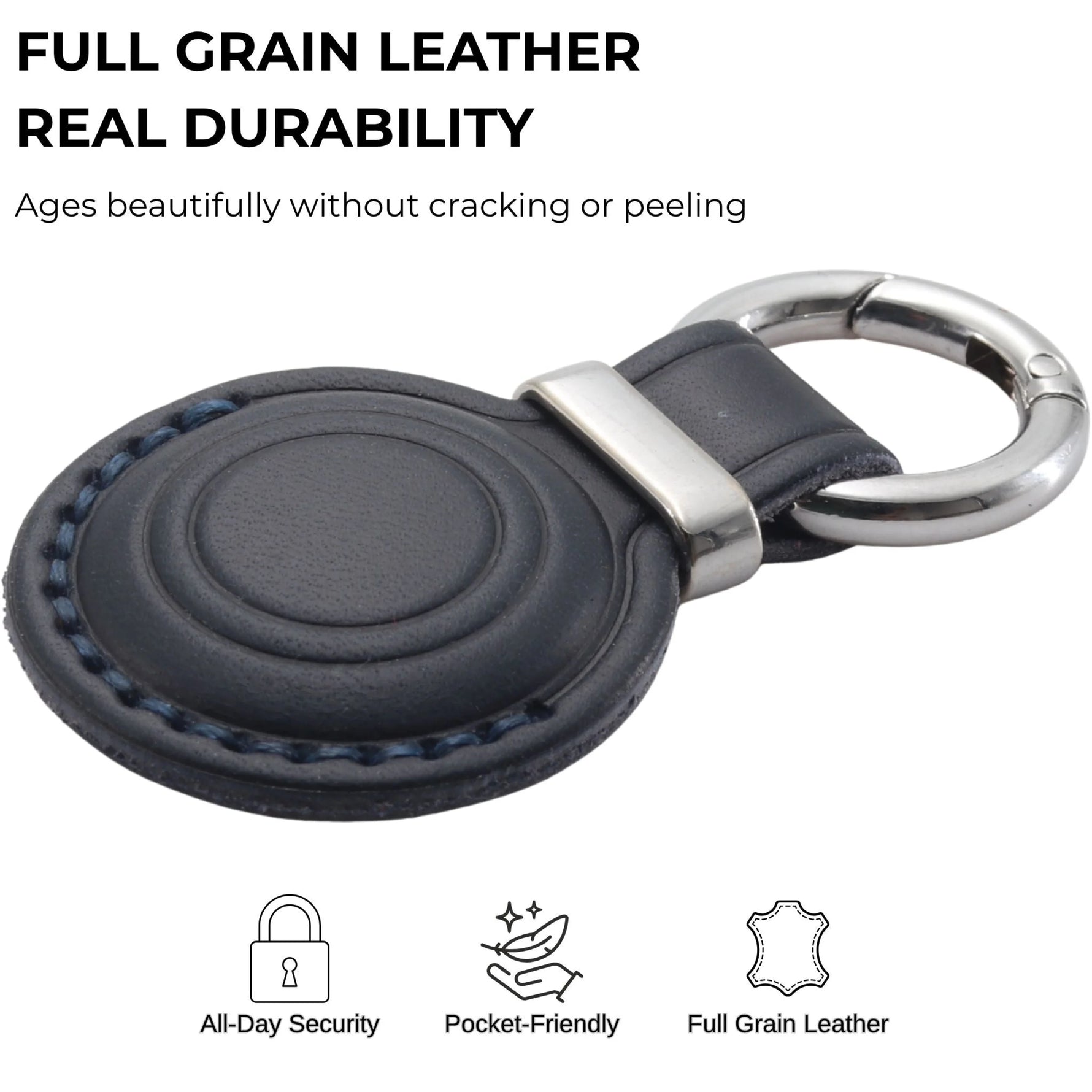 Black leather keychain with metal ring on a white background, highlighting durability and features. 