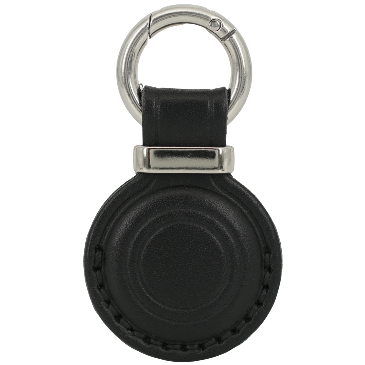 Black leather key fob with silver ring on a white background 