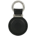 Black leather key fob with silver ring on a white background 