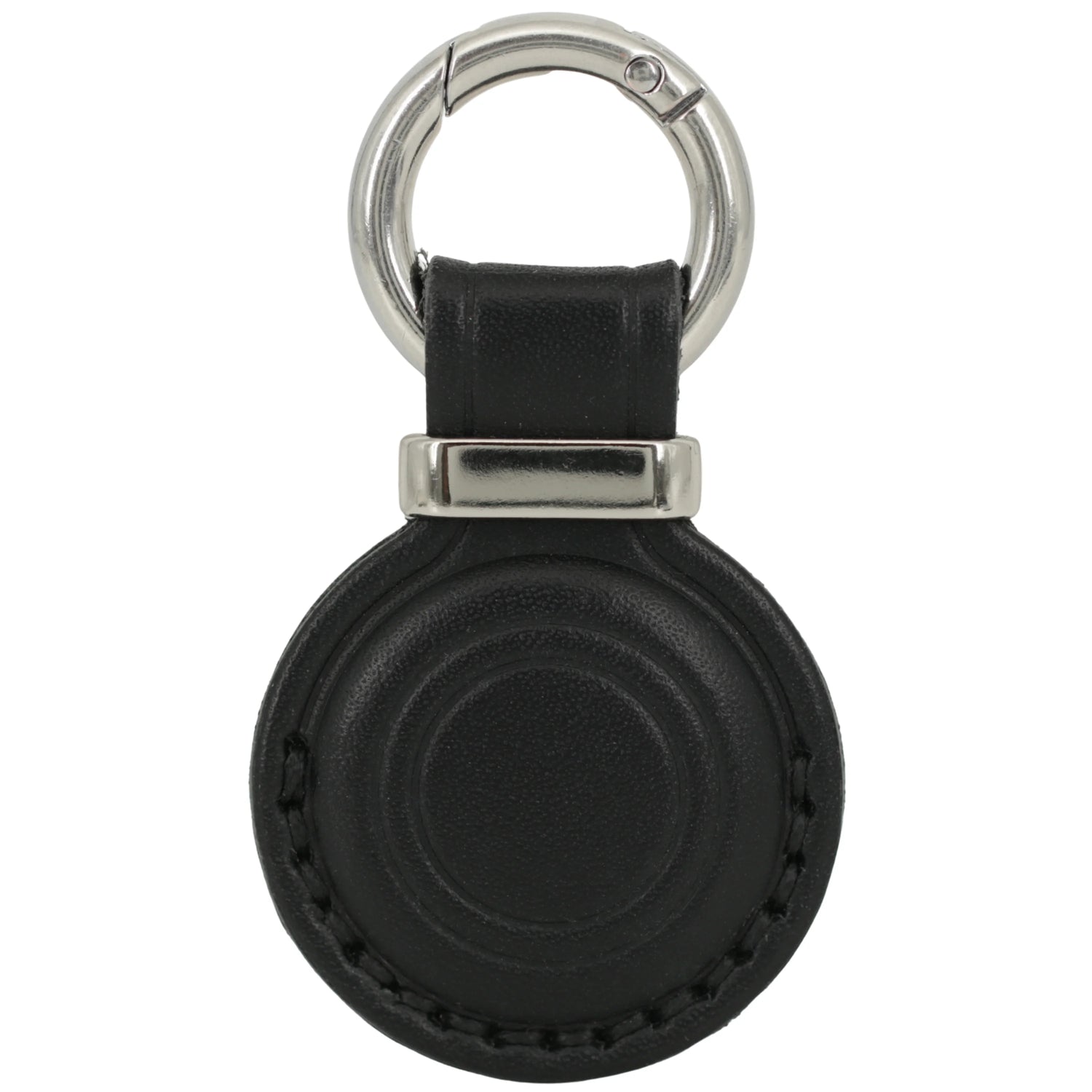 Black leather key fob with silver ring on a white background