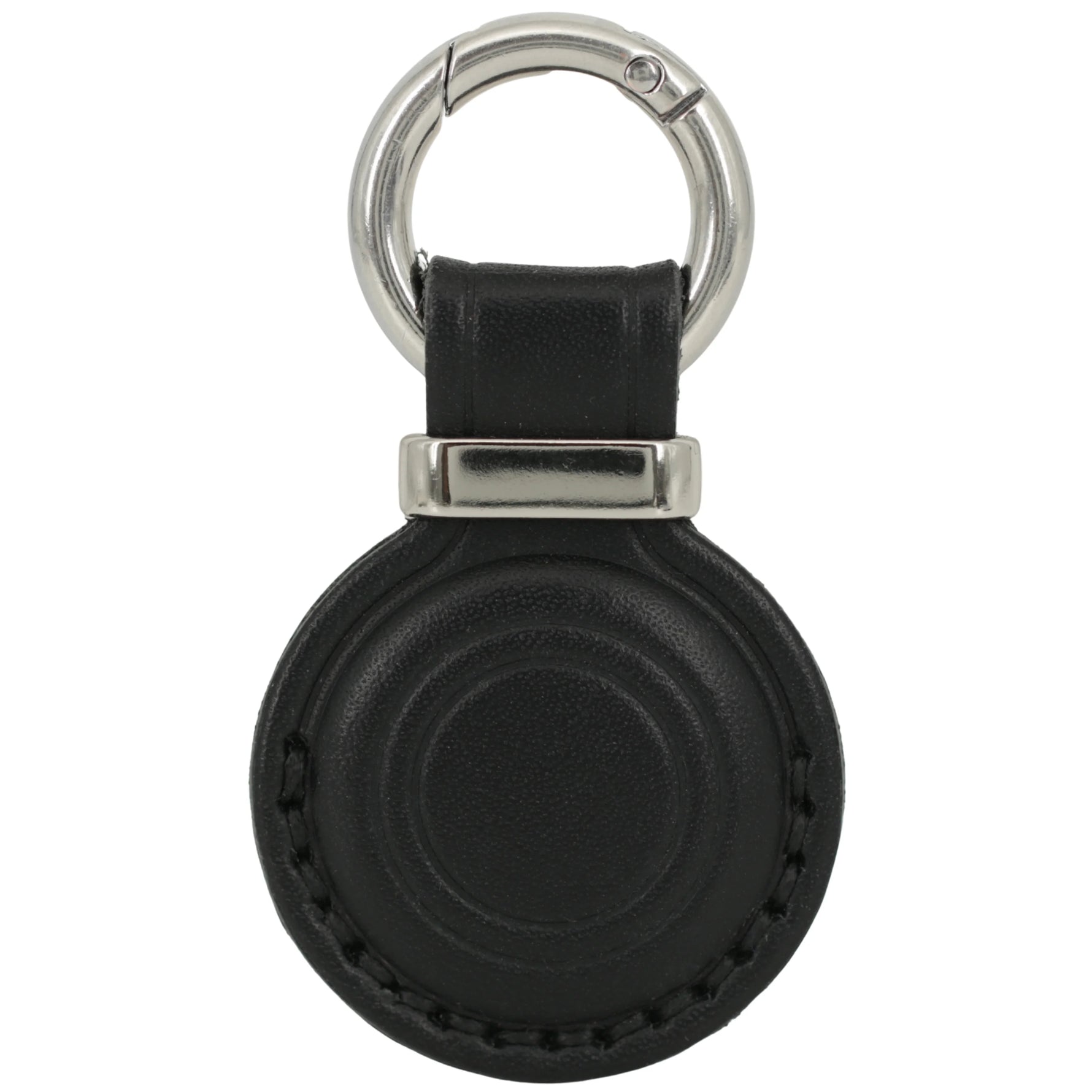 Black leather key fob with silver ring on a white background 