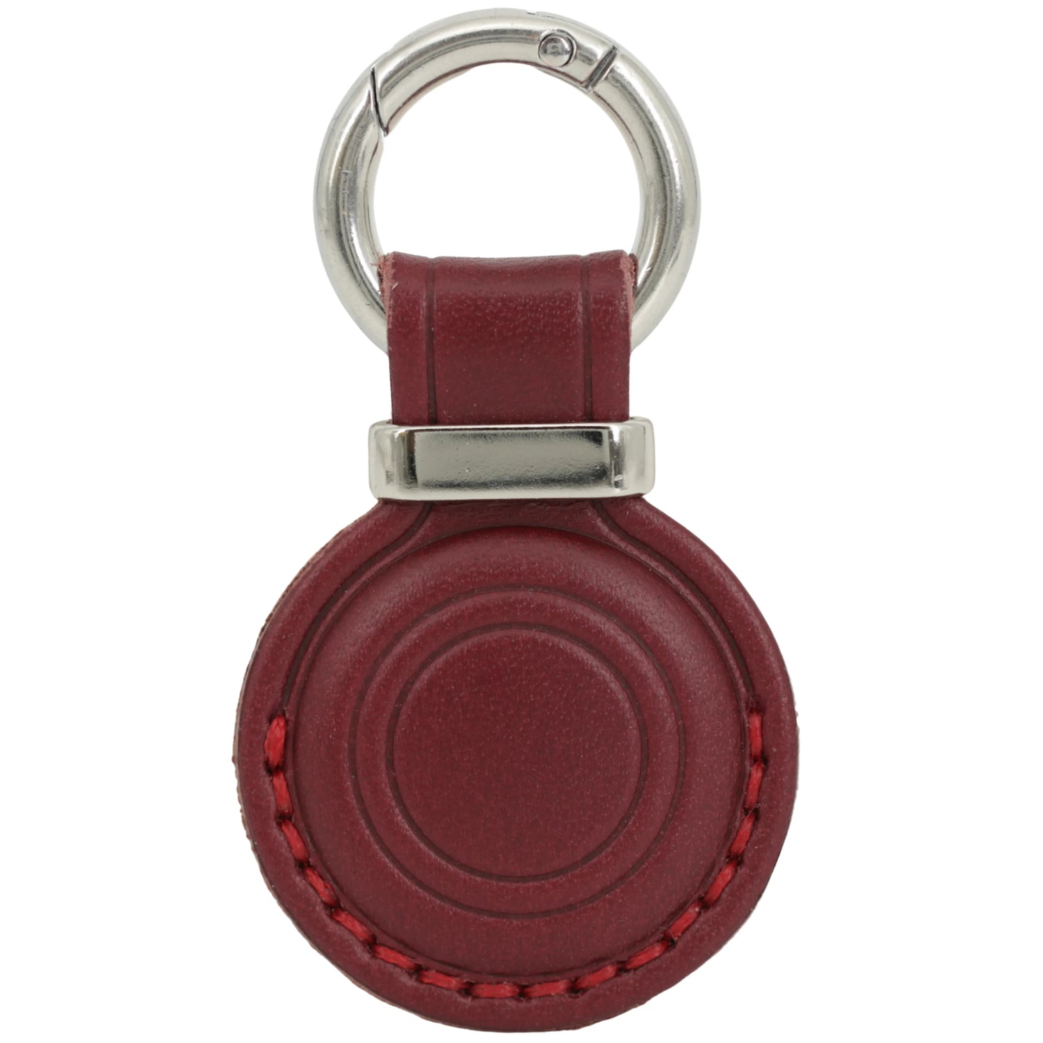 Red leather keychain with a silver ring on a white background