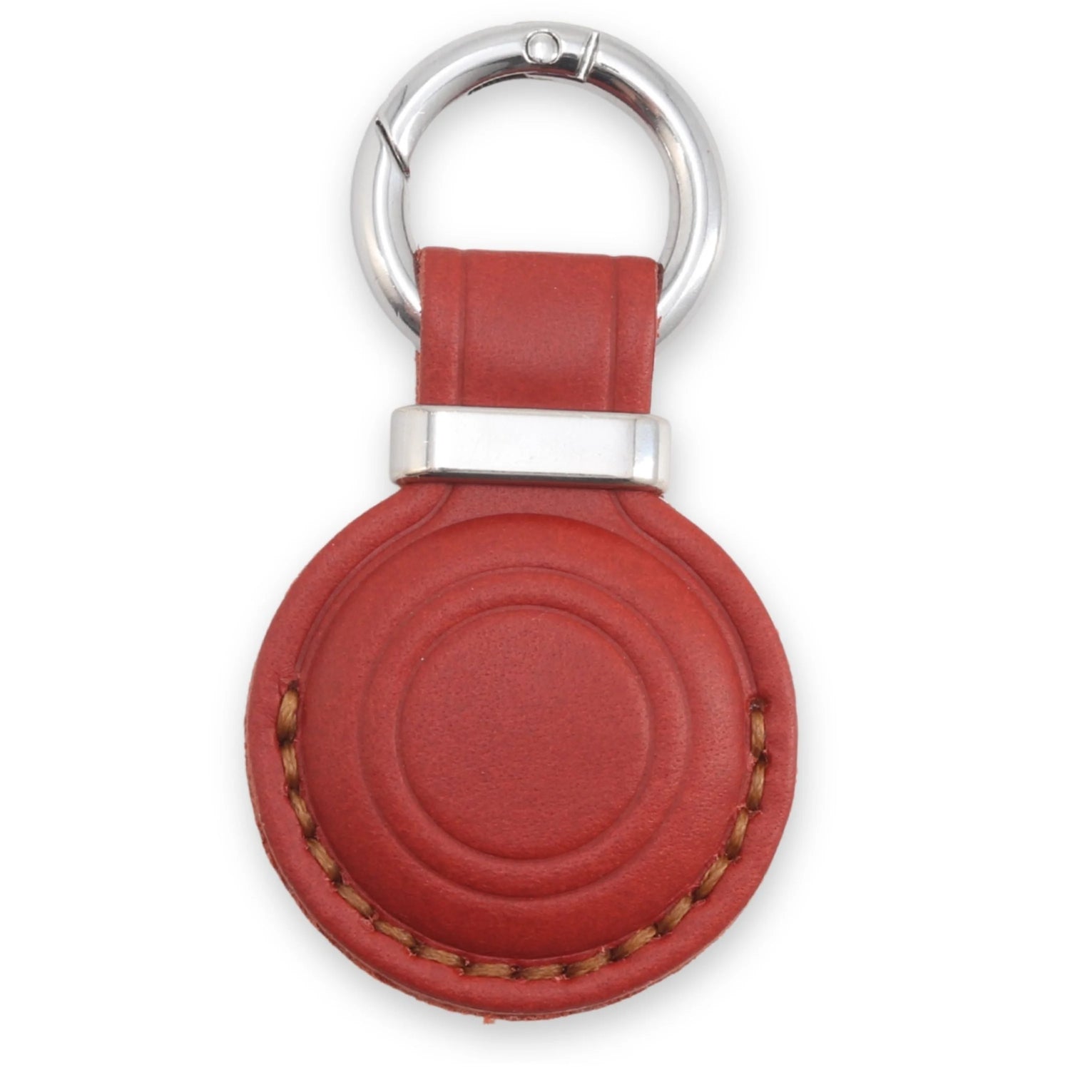 Red leather keychain with silver ring on a white background 