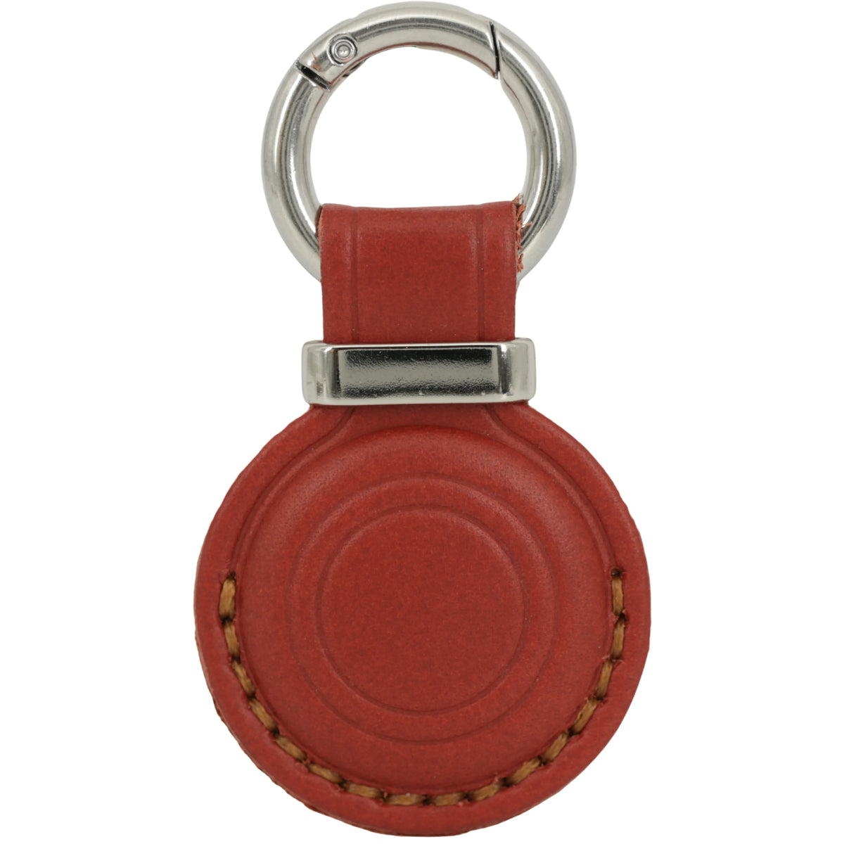 Red leather keychain with a metal ring on a white background 