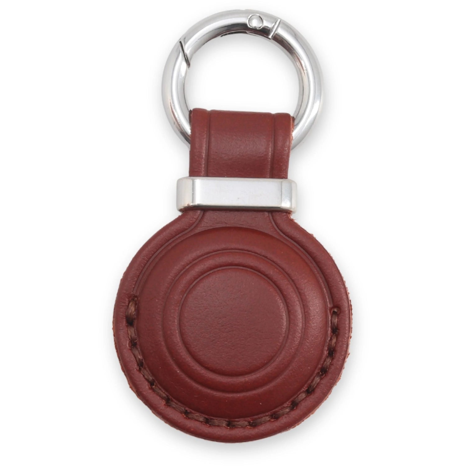 Brown leather keychain with silver ring on a white background 