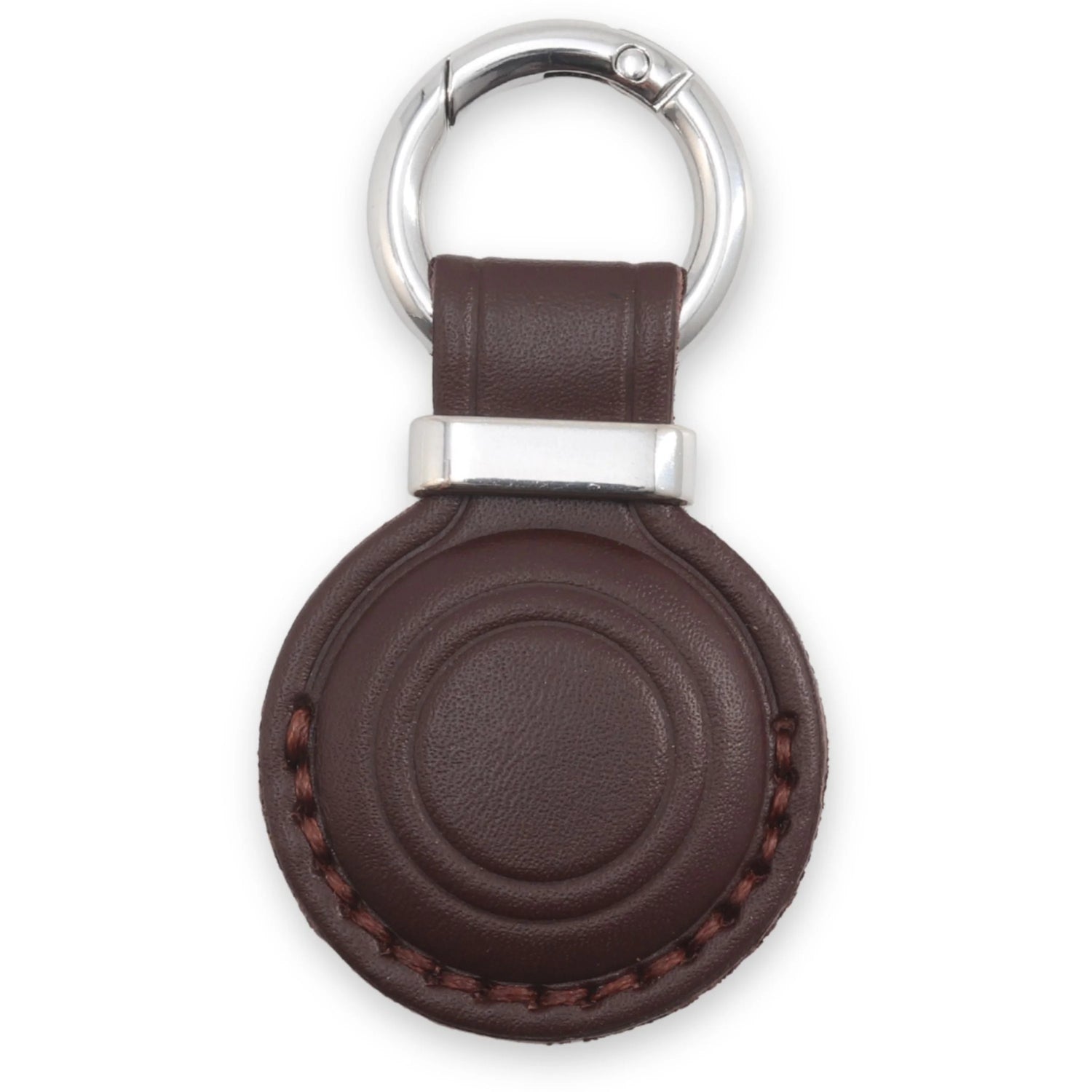 Brown leather keychain with silver ring on a white background 