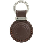 Brown leather keychain with silver ring on a white background  
