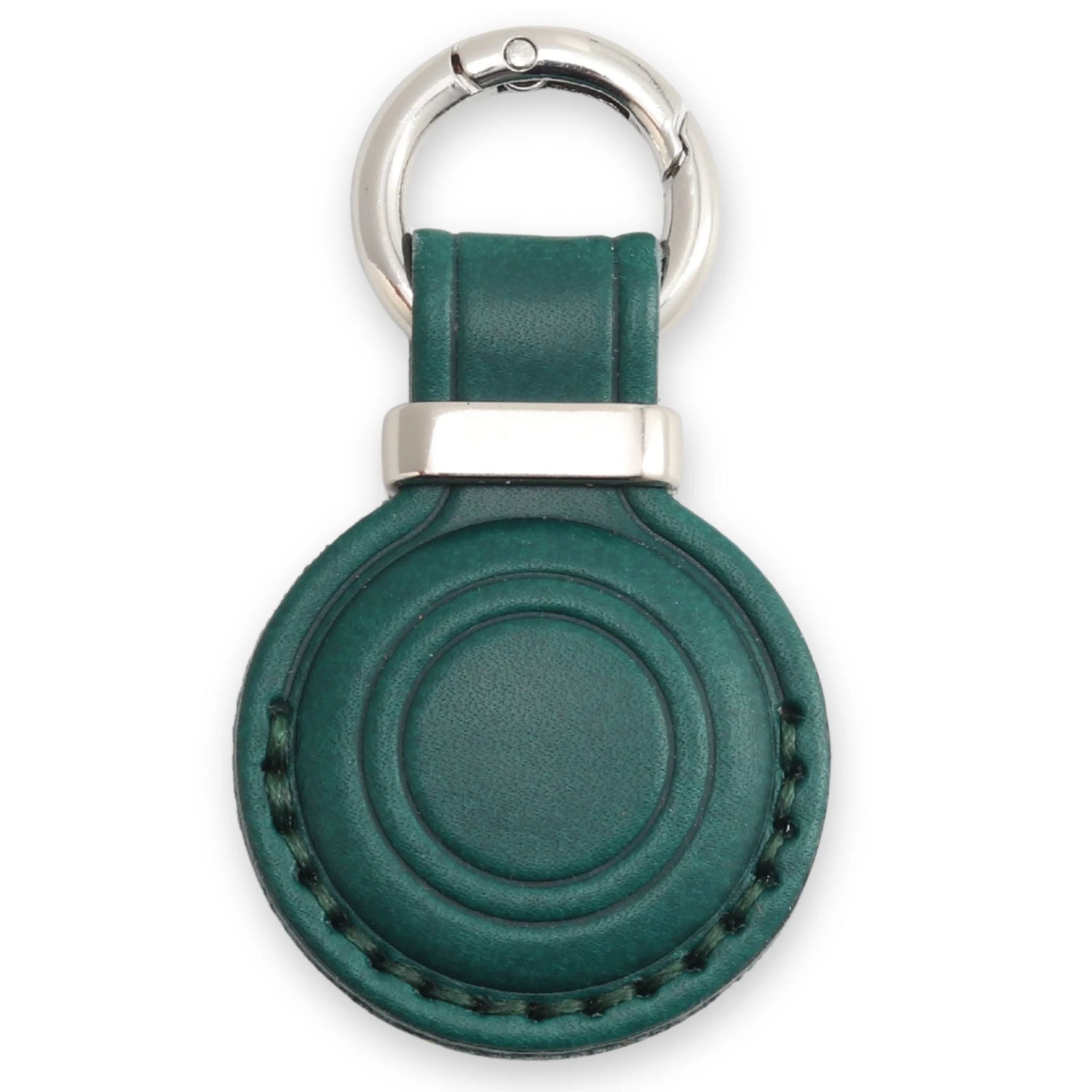 Green leather keychain with silver ring on a white background 