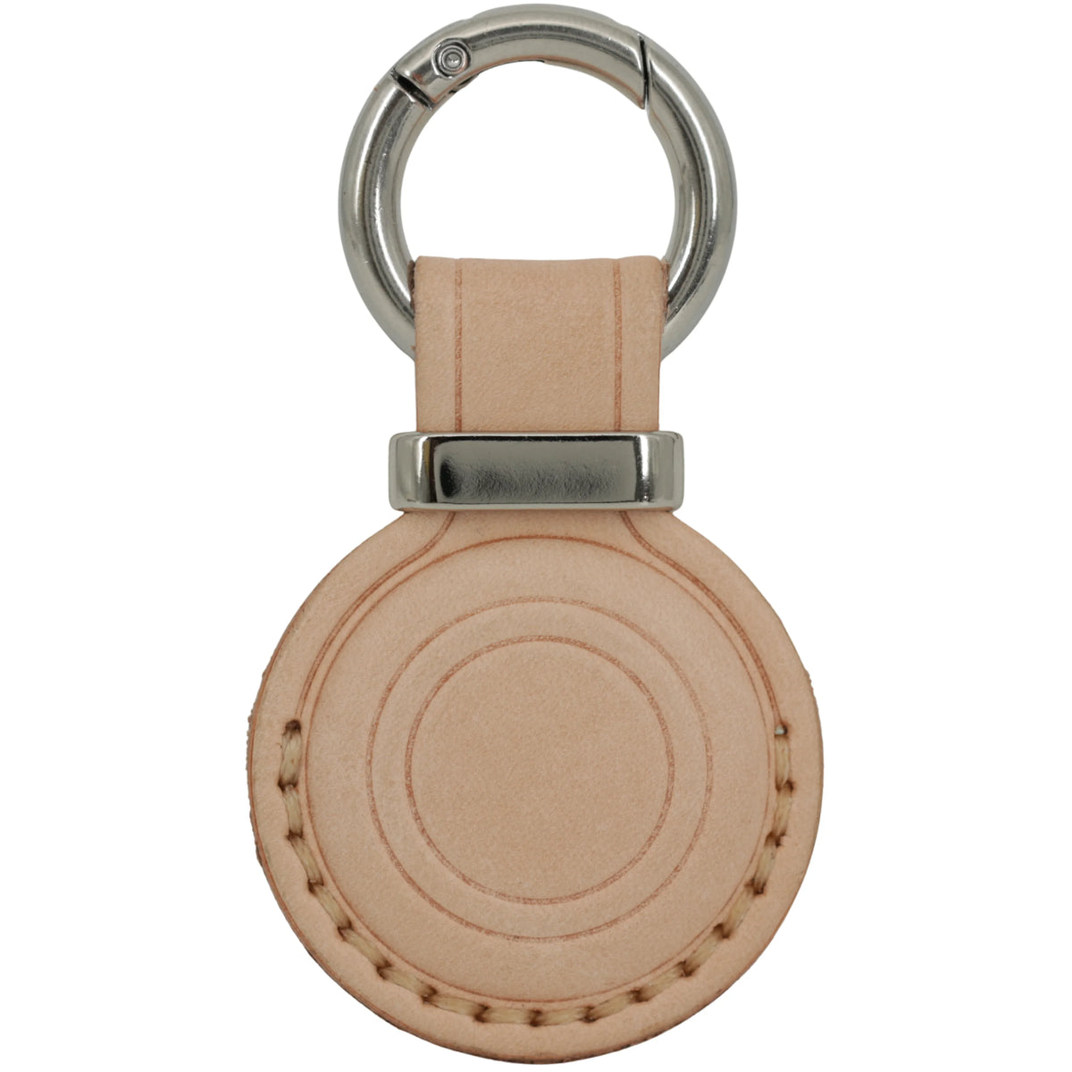 Round beige leather keychain with metal ring on a white background 