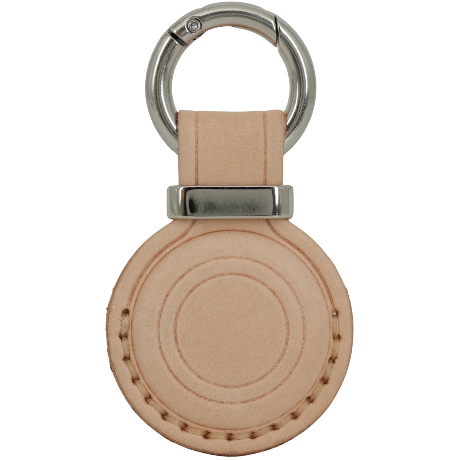 Round beige leather keychain with metal ring on a white background