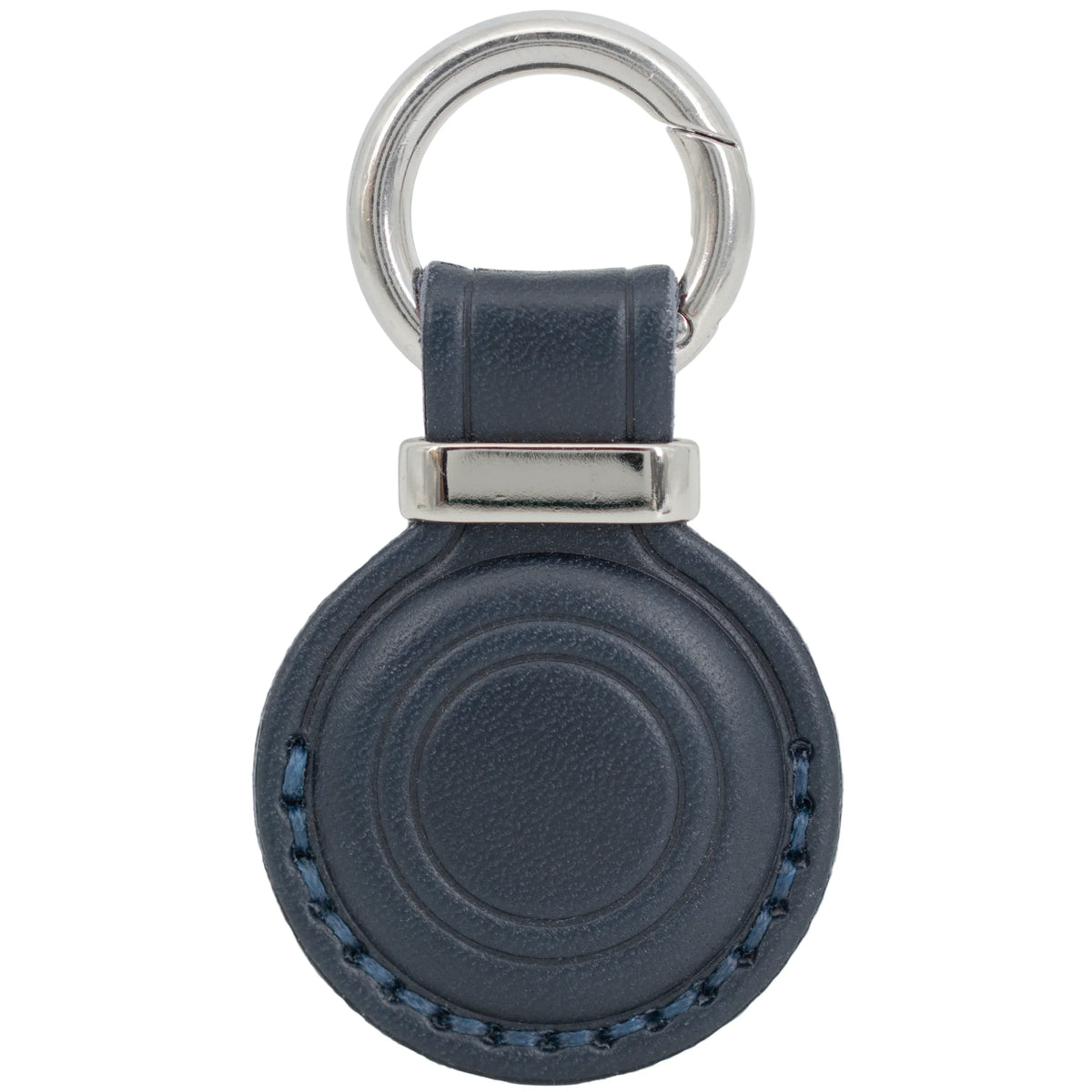 Blue leather keychain with silver ring on a white background 